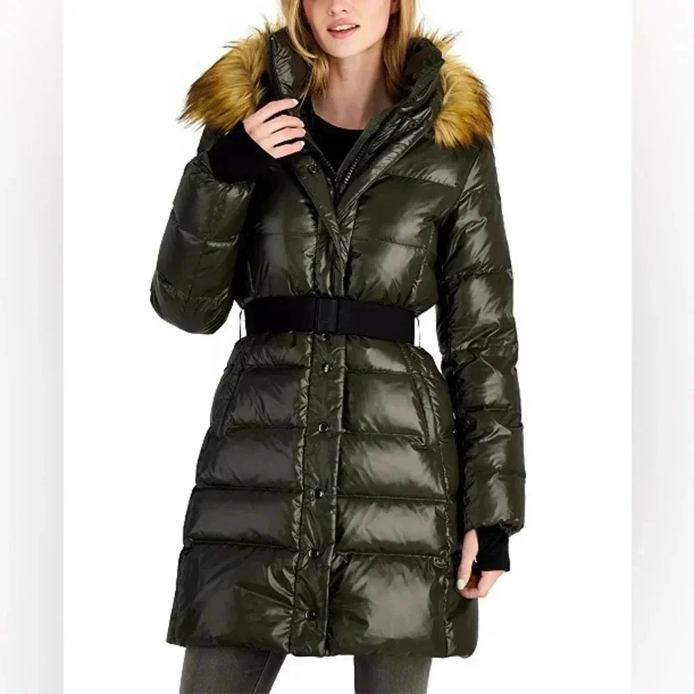 S13 Chalet Belted Faux Fur Trim Down-Fill Hooded Puffer Jacket Dark Green Sz M